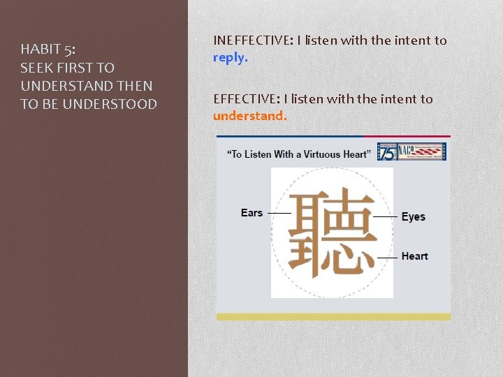 HABIT 5: SEEK FIRST TO UNDERSTAND THEN TO BE UNDERSTOOD INEFFECTIVE: I listen with