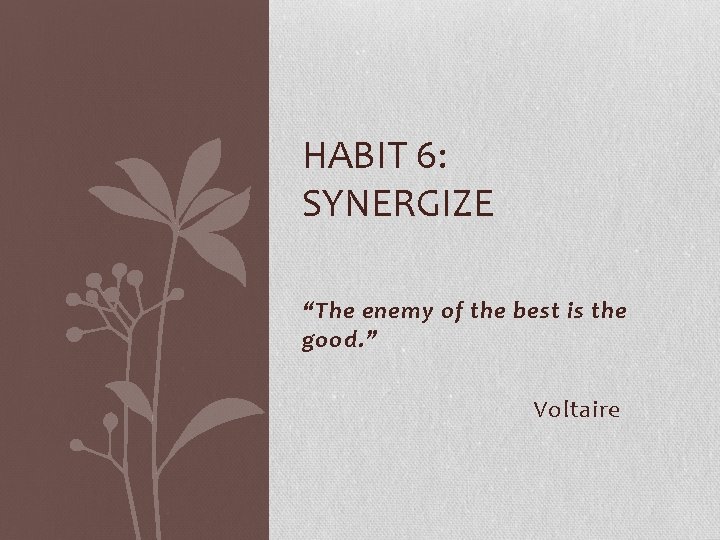 HABIT 6: SYNERGIZE “The enemy of the best is the good. ” Voltaire 