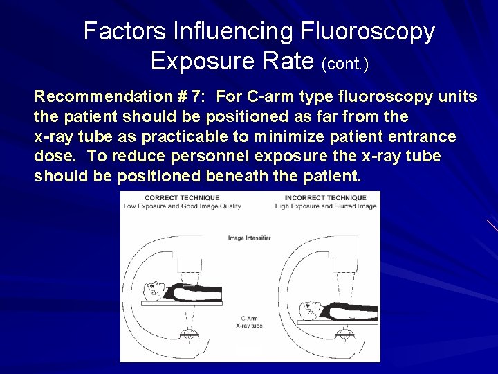 Factors Influencing Fluoroscopy Exposure Rate (cont. ) Recommendation # 7: For C-arm type fluoroscopy