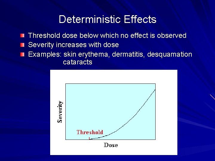 Deterministic Effects Threshold dose below which no effect is observed Severity increases with dose
