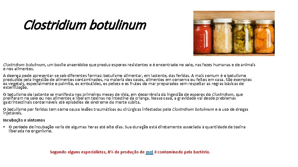 Clostridium botulinum, um bacilo anaeróbico que produz esporos resistentes e é encontrado no solo,