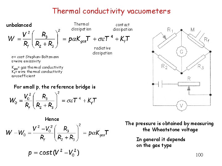 Thermal conductivity vacuometers Thermal dissipation unbalanced = cost Stephan-Boltzmann =wire emissivity contact dissipation radiative