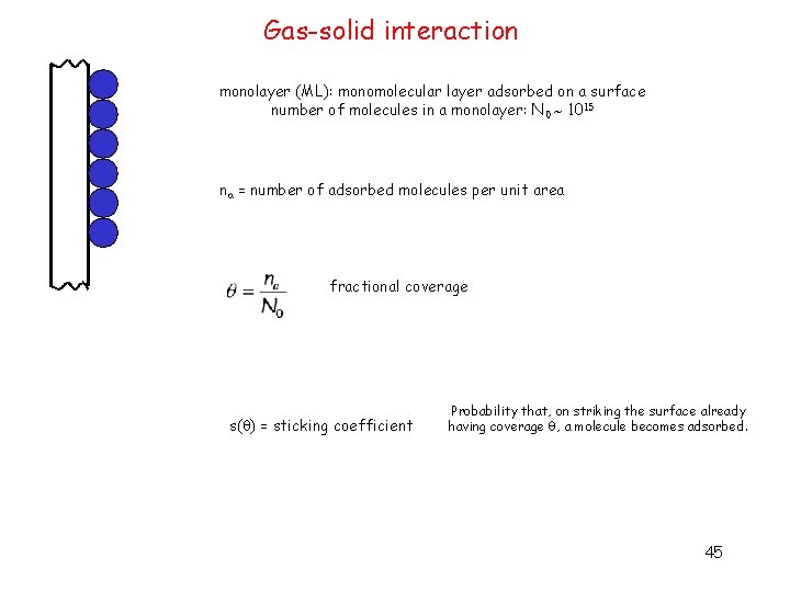 Gas-solid interaction monolayer (ML): monomolecular layer adsorbed on a surface number of molecules in