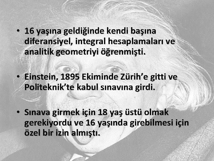  • 16 yaşına geldiğinde kendi başına diferansiyel, integral hesaplamaları ve analitik geometriyi öğrenmişti.