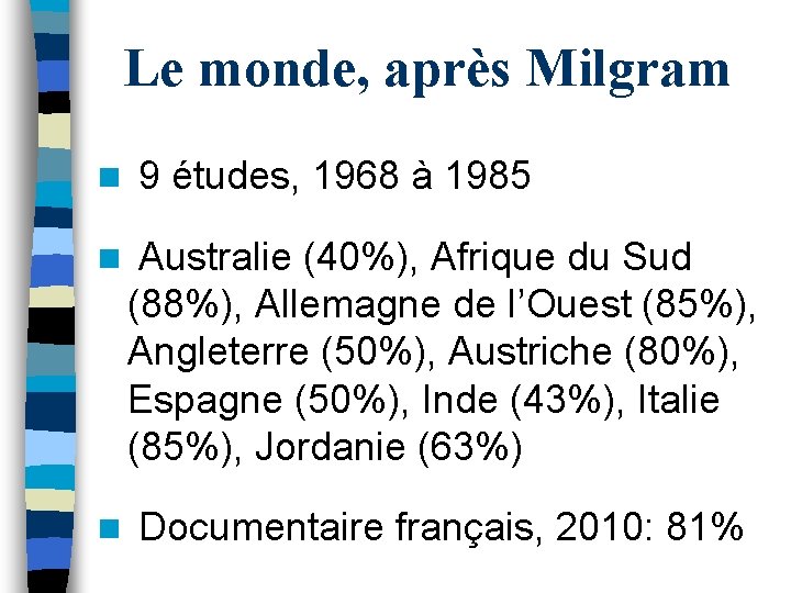 Le monde, après Milgram n 9 études, 1968 à 1985 n Australie (40%), Afrique