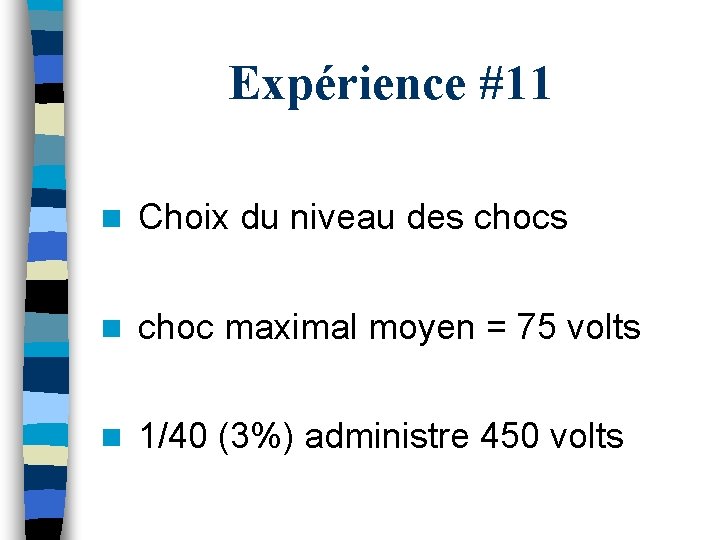 Expérience #11 n Choix du niveau des chocs n choc maximal moyen = 75