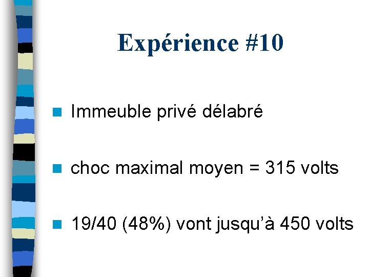 Expérience #10 n Immeuble privé délabré n choc maximal moyen = 315 volts n