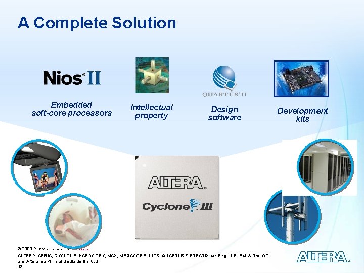 A Complete Solution Embedded soft-core processors Intellectual property Design software © 2009 Altera Corporation—