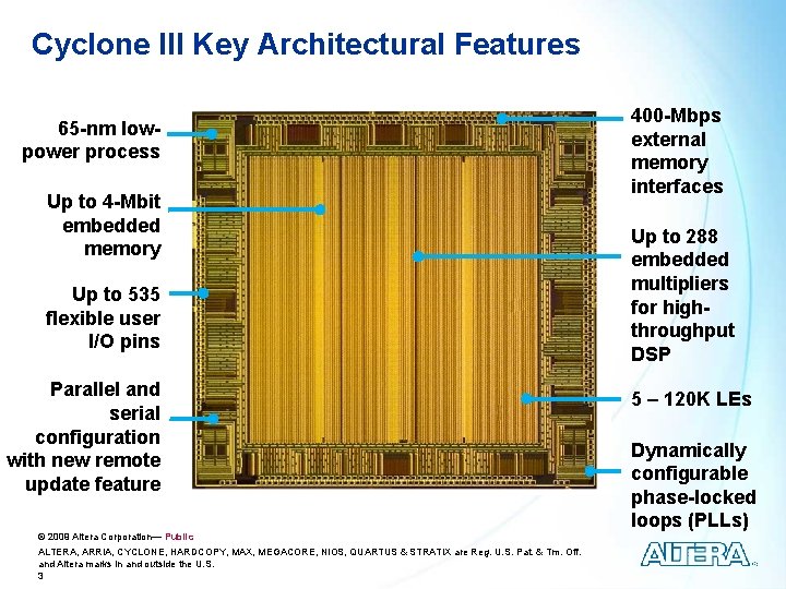 Cyclone III Key Architectural Features 65 -nm lowpower process Up to 4 -Mbit embedded