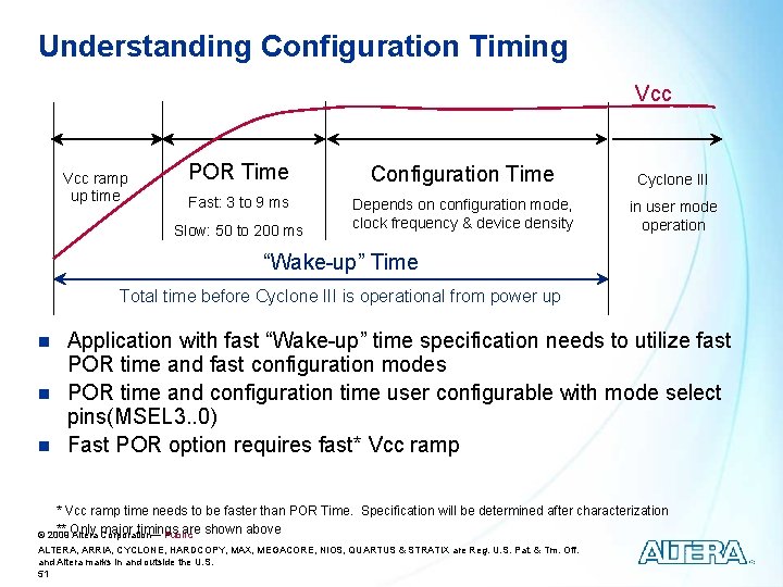 Understanding Configuration Timing Vcc ramp up time POR Time Configuration Time Cyclone III Fast: