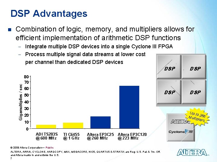 DSP Advantages n Combination of logic, memory, and multipliers allows for efficient implementation of