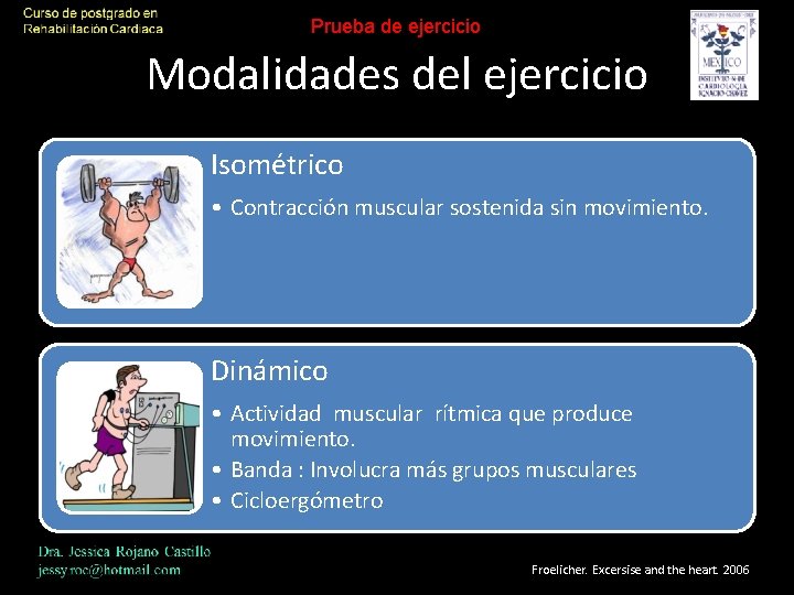 Prueba de ejercicio Modalidades del ejercicio Isométrico • Contracción muscular sostenida sin movimiento. Dinámico