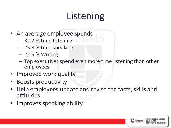 Listening • An average employee spends – – 32. 7 % time listening 25.