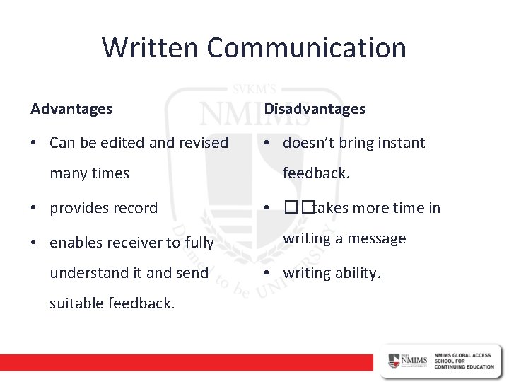 Written Communication Advantages Disadvantages • Can be edited and revised • doesn’t bring instant