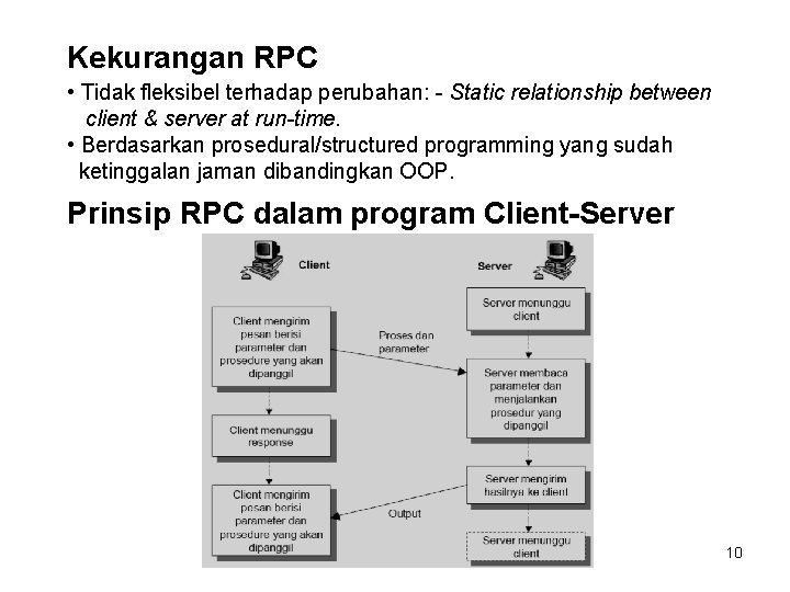 Kekurangan RPC • Tidak fleksibel terhadap perubahan: - Static relationship between client & server