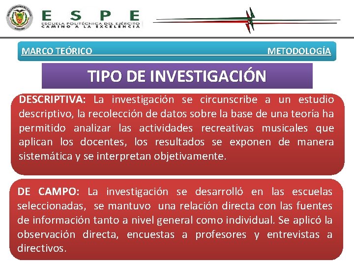 MARCO TEÓRICO METODOLOGÍA TIPO DE INVESTIGACIÓN DESCRIPTIVA: La investigación se circunscribe a un estudio