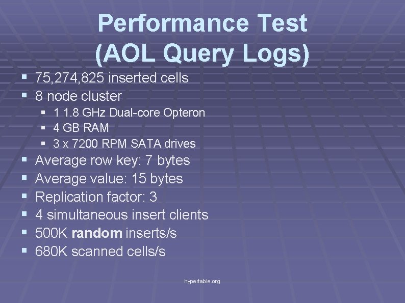 Performance Test (AOL Query Logs) § 75, 274, 825 inserted cells § 8 node