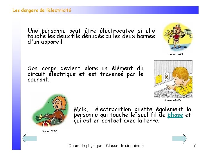 Les dangers de l’électricité Une personne peut être électrocutée si elle touche les deux