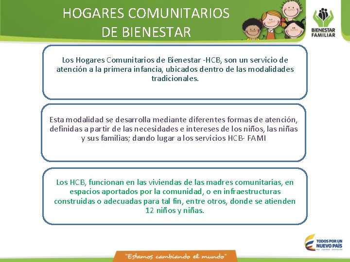 HOGARES COMUNITARIOS DE BIENESTAR Los Hogares Comunitarios de Bienestar -HCB, son un servicio de