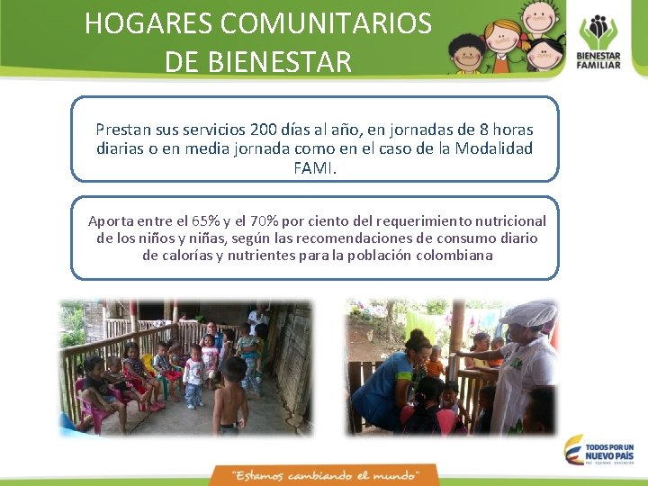 HOGARES COMUNITARIOS DE BIENESTAR Prestan sus servicios 200 días al año, en jornadas de