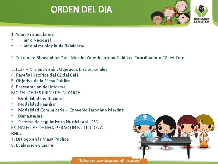 ORDEN DEL DIA 1. Actos Protocolarios • • Himno Nacional Himno al municipio de