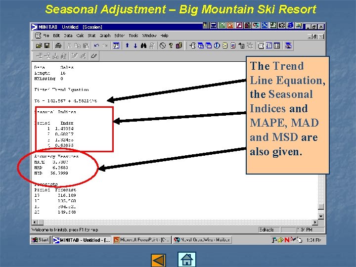 Seasonal Adjustment – Big Mountain Ski Resort The Trend Line Equation, the Seasonal Indices