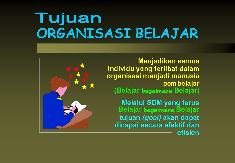 Menjadikan semua Individu yang terlibat dalam organisasi menjadi manusia pembelajar (Belajar bagaimana Belajar) Melalui