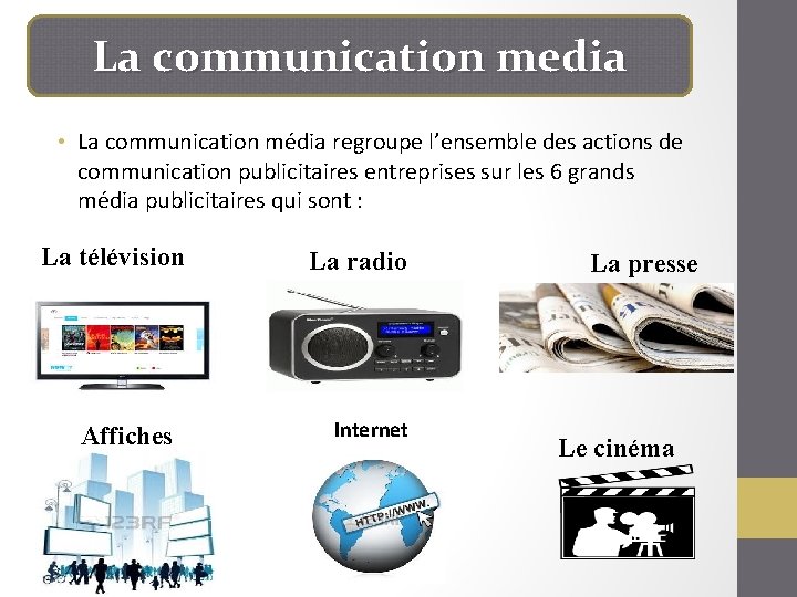 La communication media • La communication média regroupe l’ensemble des actions de communication publicitaires