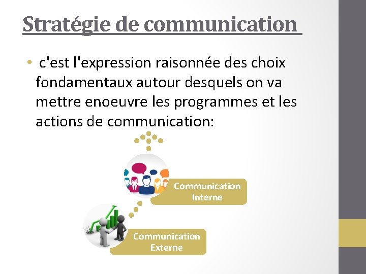 Stratégie de communication • c'est l'expression raisonnée des choix fondamentaux autour desquels on va