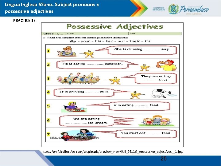 Língua Inglesa 6ºano. Subject pronouns x possessive adjectives PRACTICE 15 https: //en. islcollective. com/wuploads/preview_new/full_24116_possessive_adjectives__1.