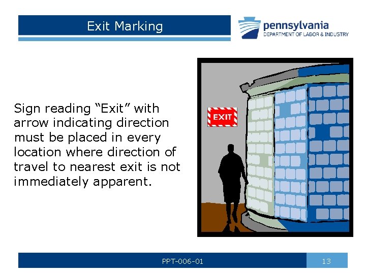 Exit Marking Sign reading “Exit” with arrow indicating direction must be placed in every