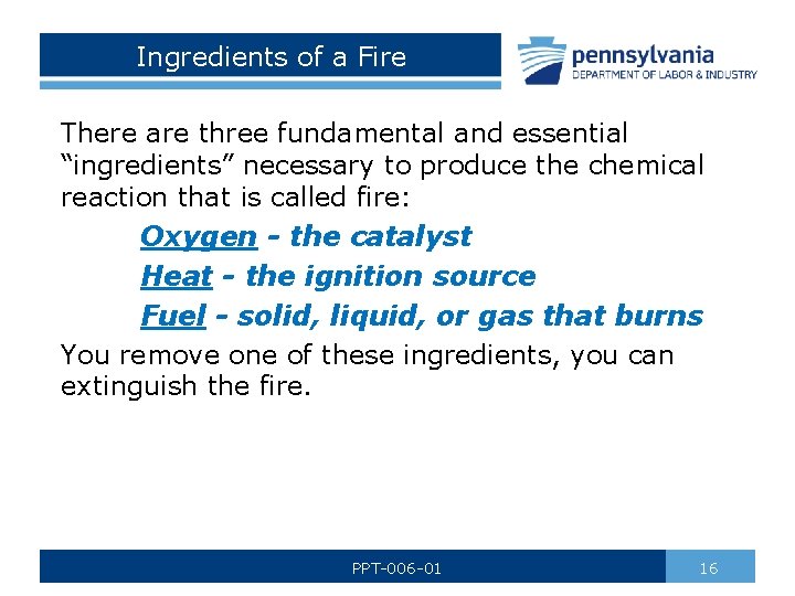 Ingredients of a Fire There are three fundamental and essential “ingredients” necessary to produce