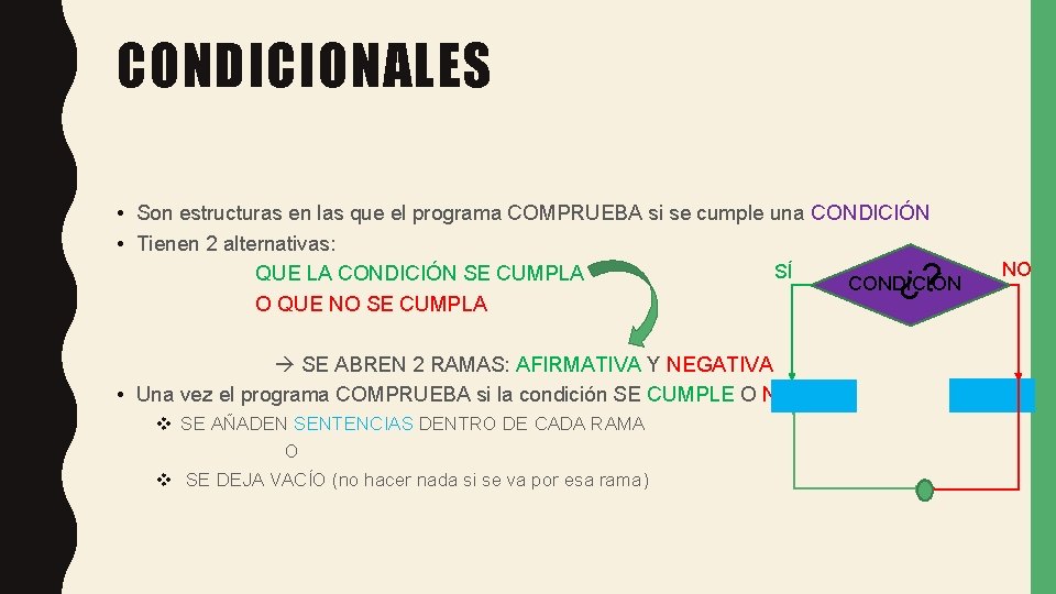 CONDICIONALES • Son estructuras en las que el programa COMPRUEBA si se cumple una