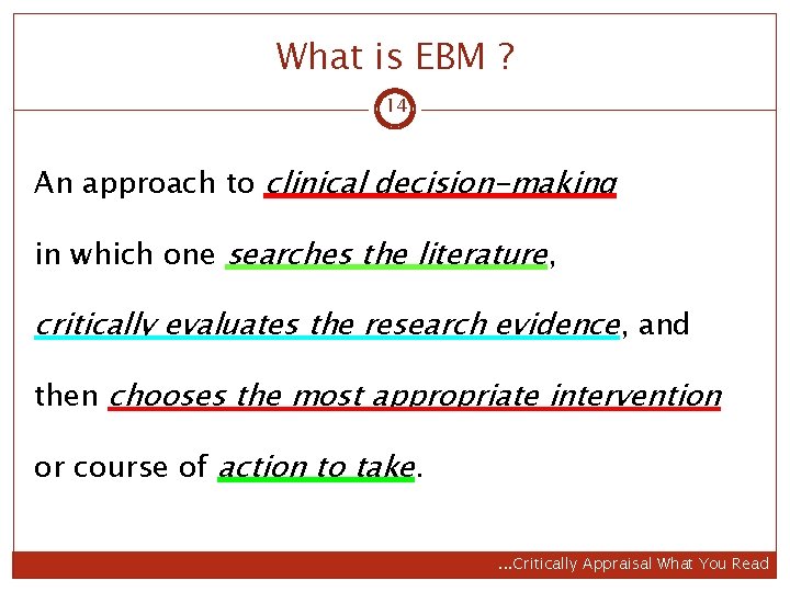 What is EBM ? 14 An approach to clinical decision-making in which one searches