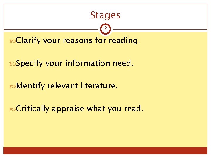 Stages 2 Clarify your reasons for reading. Specify your information need. Identify relevant literature.