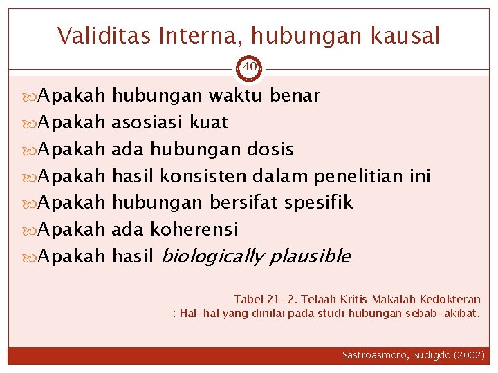 Validitas Interna, hubungan kausal 40 Apakah hubungan waktu benar Apakah asosiasi kuat Apakah ada