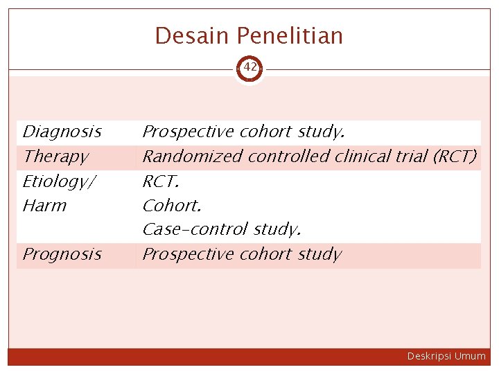Desain Penelitian 42 Diagnosis Therapy Etiology/ Harm Prognosis Prospective cohort study. Randomized controlled clinical