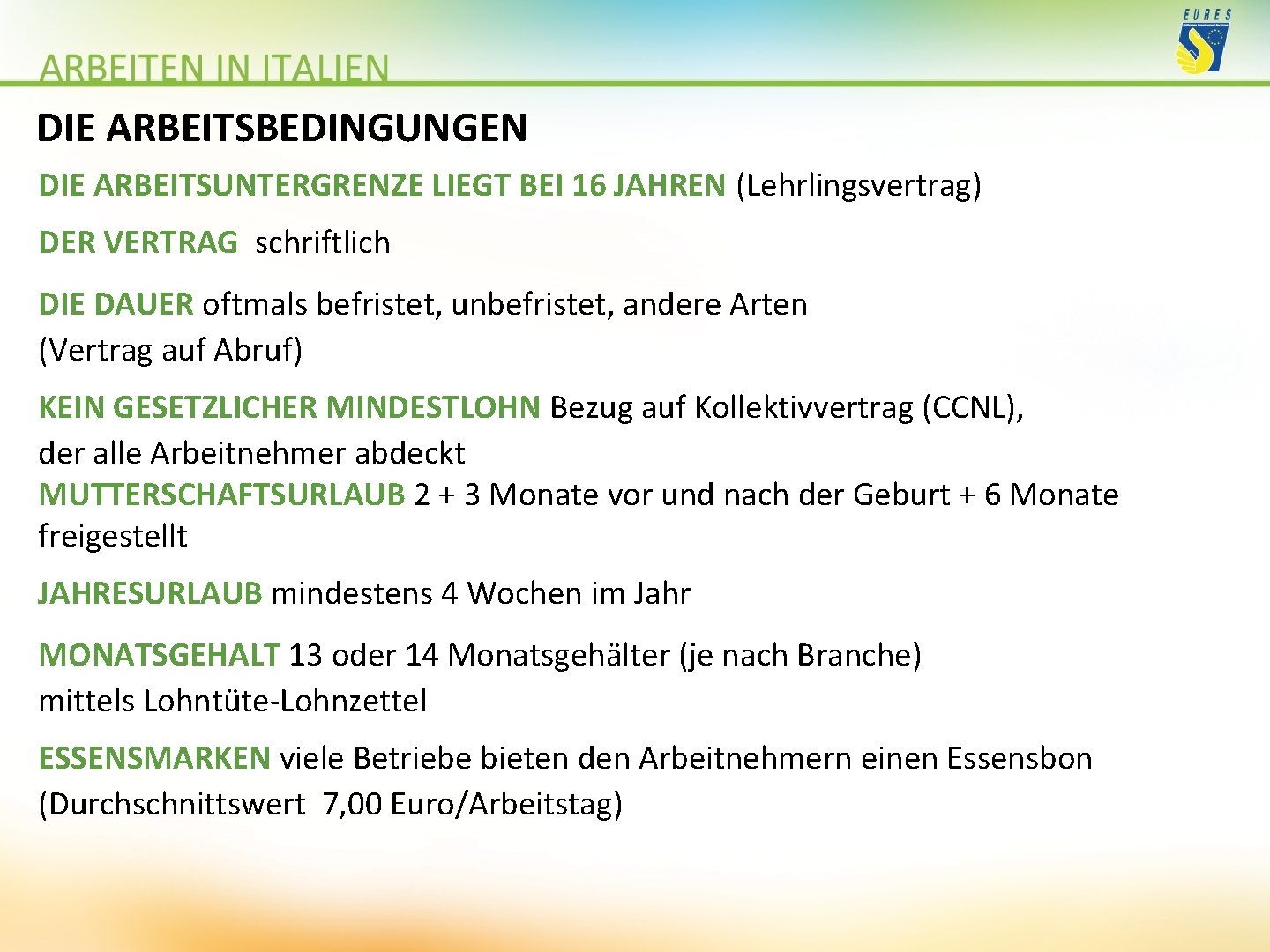 DIE ARBEITSBEDINGUNGEN DIE ARBEITSUNTERGRENZE LIEGT BEI 16 JAHREN (Lehrlingsvertrag) DER VERTRAG schriftlich DIE DAUER