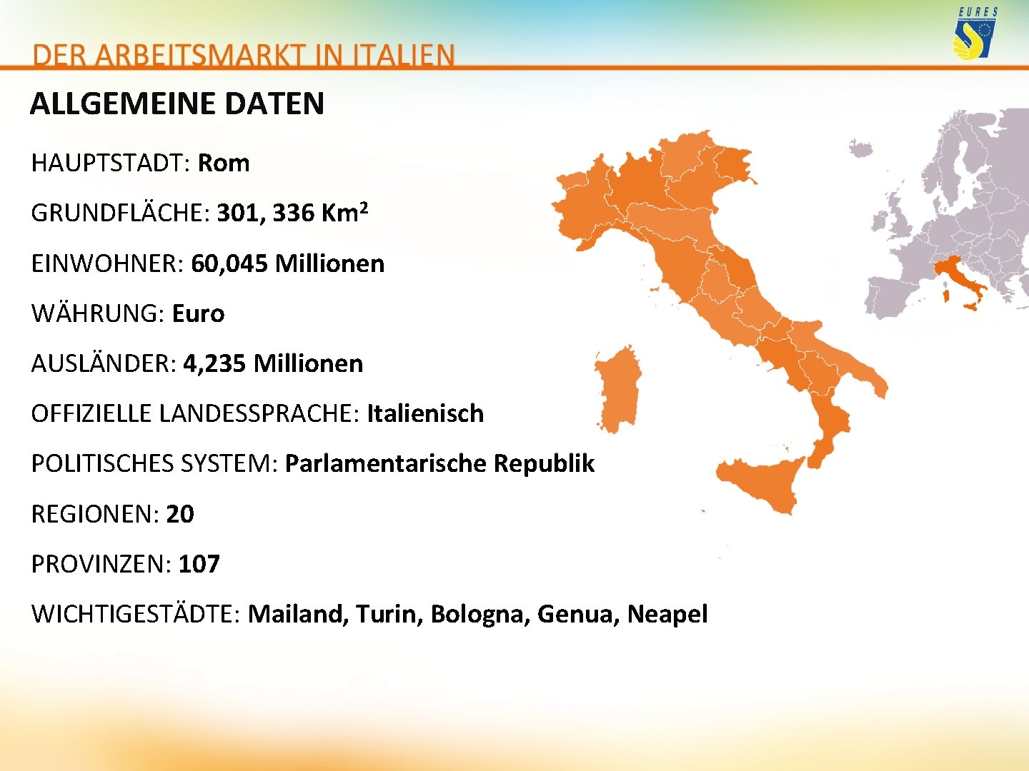 ALLGEMEINE DATEN HAUPTSTADT: Rom GRUNDFLÄCHE: 301, 336 Km 2 EINWOHNER: 60, 045 Millionen WÄHRUNG: