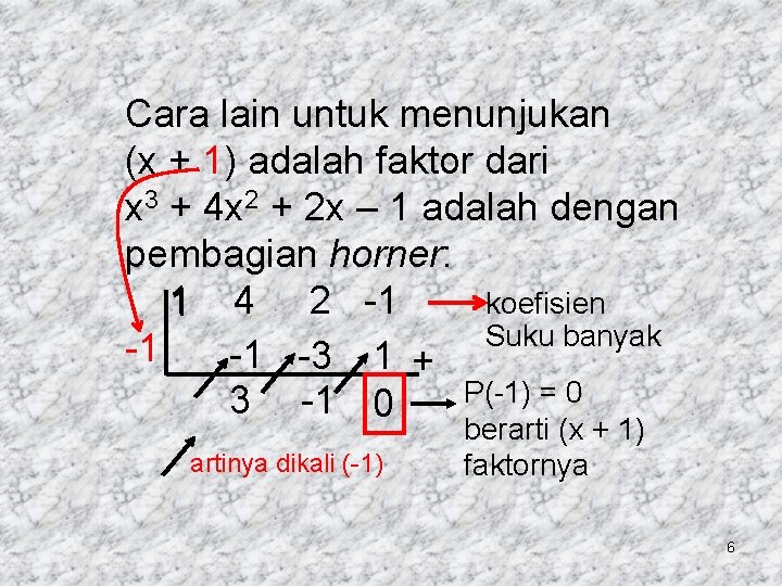 Cara lain untuk menunjukan (x + 1) adalah faktor dari x 3 + 4