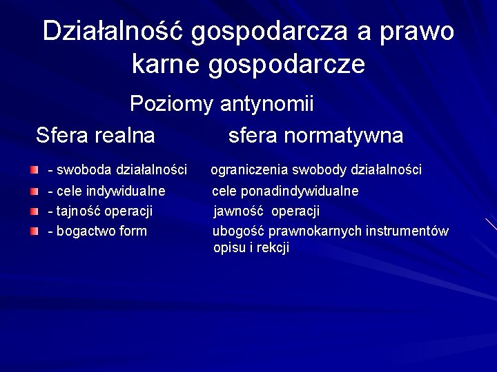 Działalność gospodarcza a prawo karne gospodarcze Poziomy antynomii Sfera realna sfera normatywna - swoboda