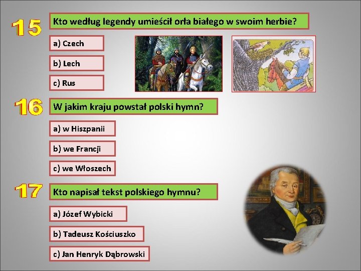 Kto według legendy umieścił orła białego w swoim herbie? a) Czech b) Lech c)