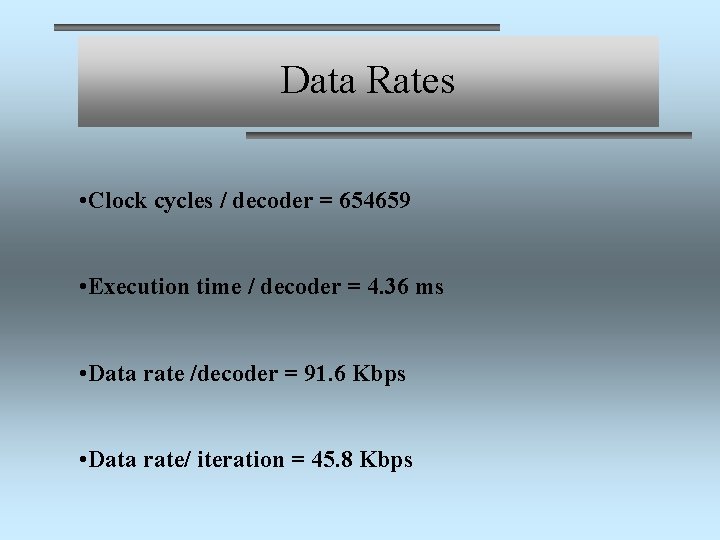 Data Rates • Clock cycles / decoder = 654659 • Execution time / decoder