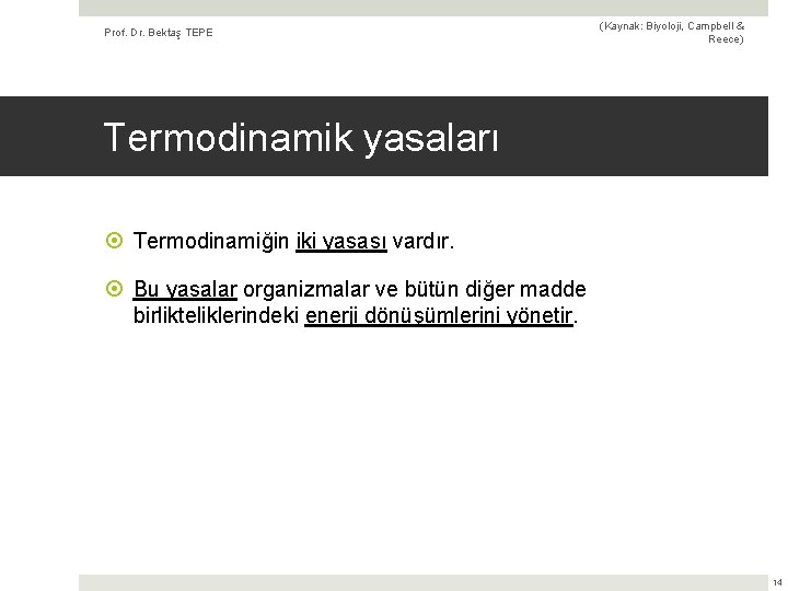 Prof. Dr. Bektaş TEPE (Kaynak: Biyoloji, Campbell & Reece) Termodinamik yasaları Termodinamiğin iki yasası