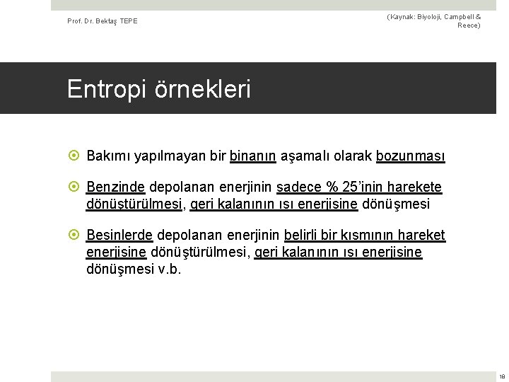 Prof. Dr. Bektaş TEPE (Kaynak: Biyoloji, Campbell & Reece) Entropi örnekleri Bakımı yapılmayan bir