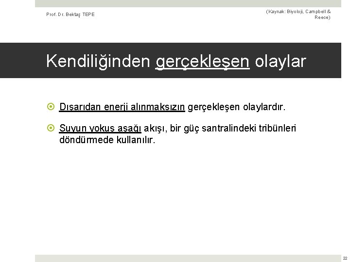 Prof. Dr. Bektaş TEPE (Kaynak: Biyoloji, Campbell & Reece) Kendiliğinden gerçekleşen olaylar Dışarıdan enerji