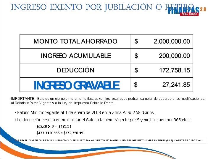 INGRESO EXENTO POR JUBILACIÓN O RETIRO IMPORTANTE: Este es un ejemplo meramente ilustrativo, los