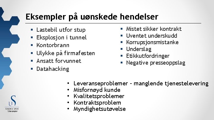 Eksempler på uønskede hendelser § § § Lastebil utfor stup Eksplosjon i tunnel Kontorbrann