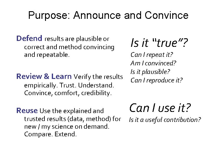 Purpose: Announce and Convince Defend results are plausible or correct and method convincing and