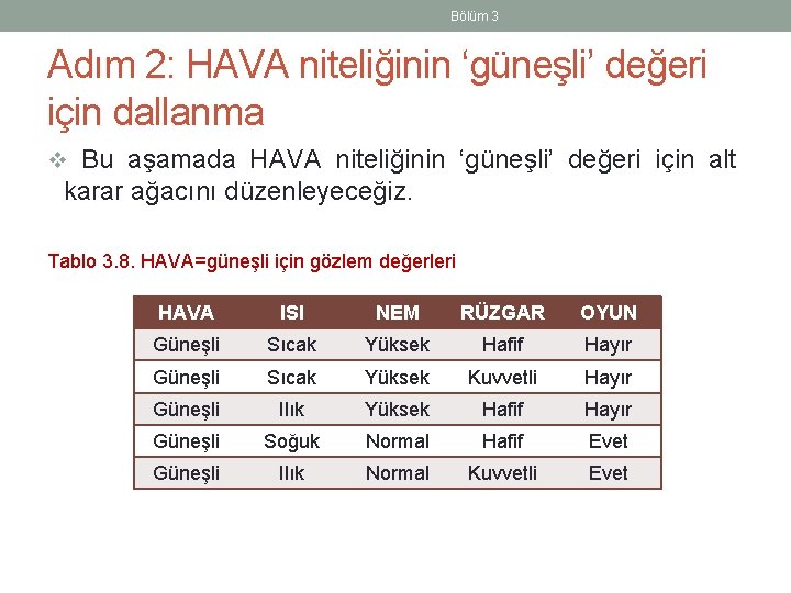 Bölüm 3 Adım 2: HAVA niteliğinin ‘güneşli’ değeri için dallanma v Bu aşamada HAVA